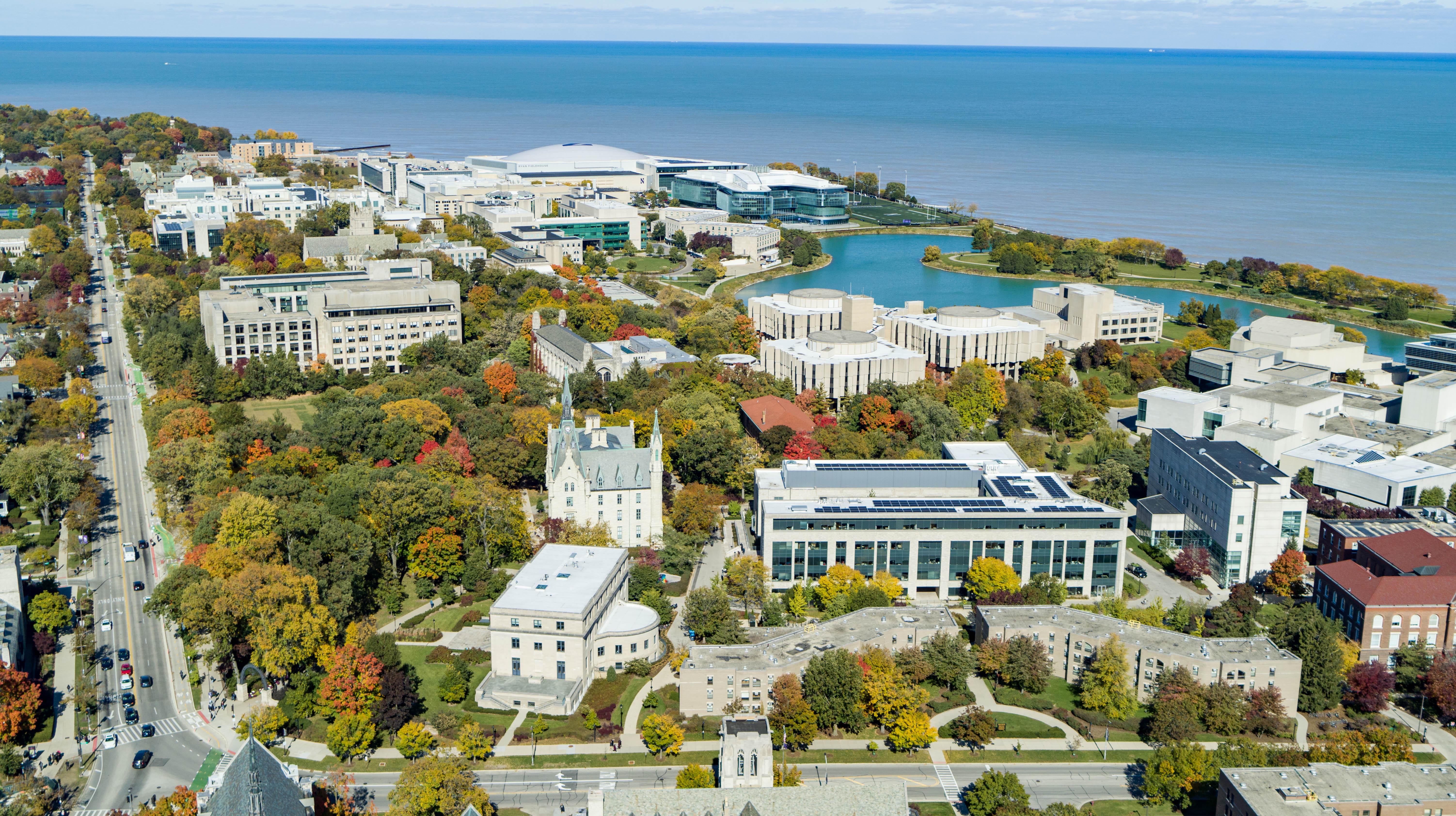 Aerial image of Northwestern University's Evanston campus