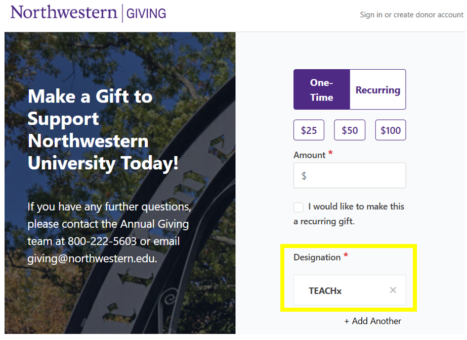 Selecting the TEACHx option on the Northwestern Giving page.