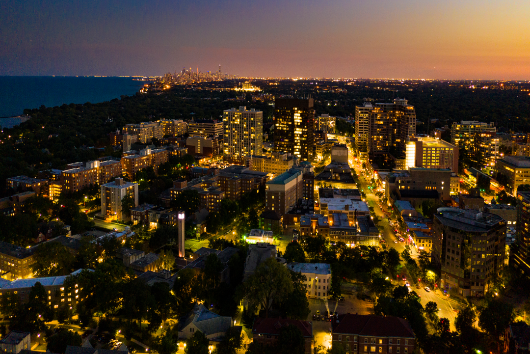 Aerial view of downtown Evanston in the evening 